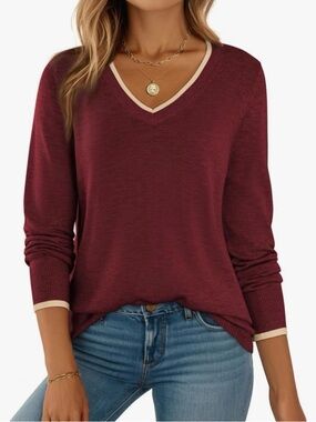 Women's Wool Blend V-Neck Red Sweater 2XL